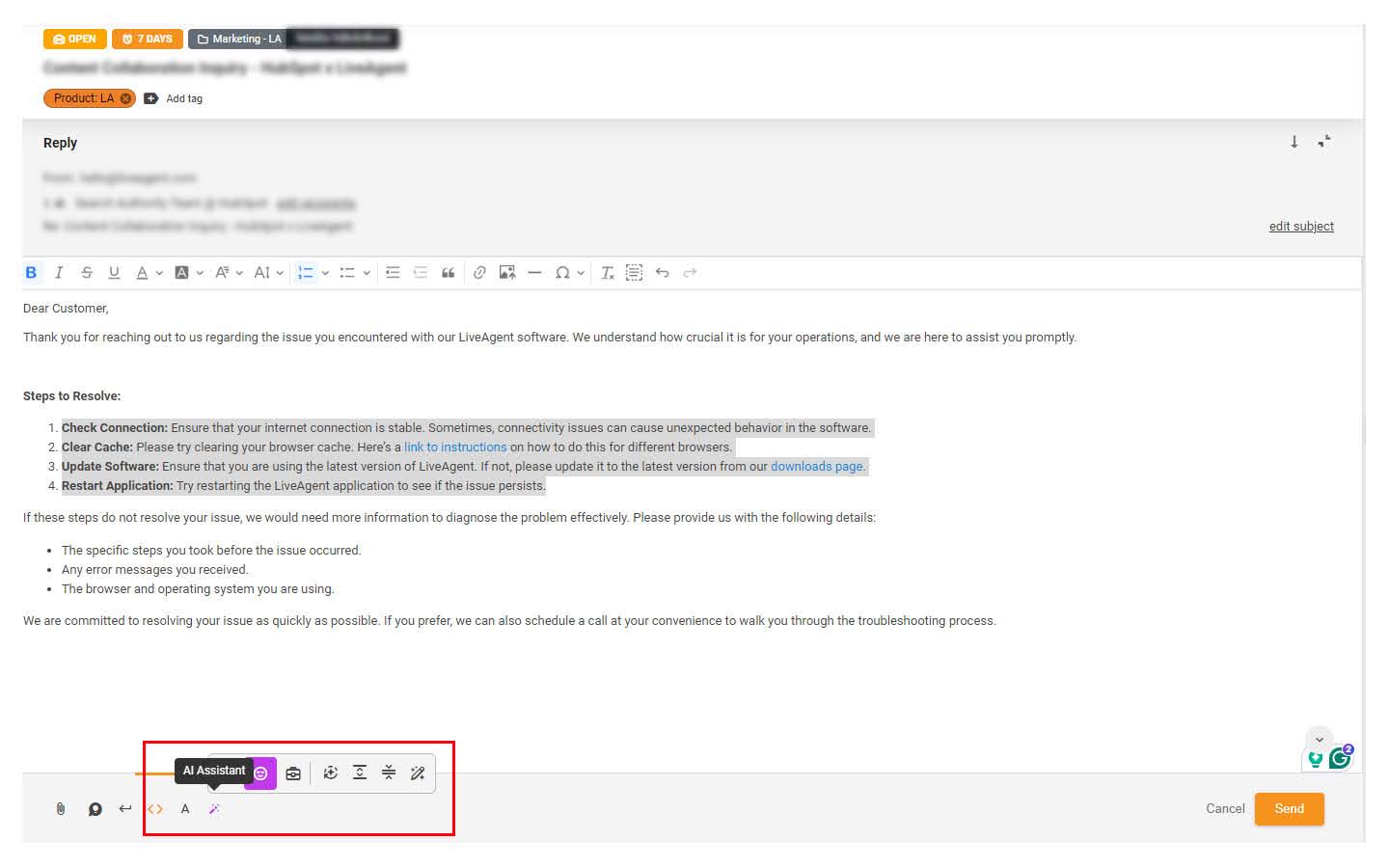 Asystent AI LiveAgent pomaga odpowiedzieć na zgłoszenie