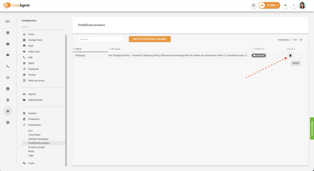Usuwanie predefiniowanej odpowiedzi w LiveAgent