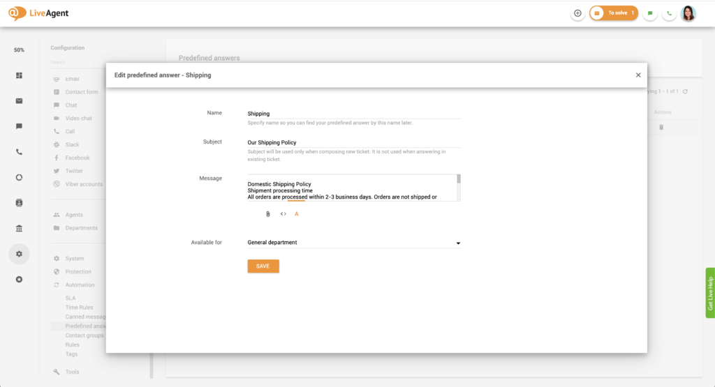 Edytowanie predefiniowanych odpowiedzi w LiveAgent