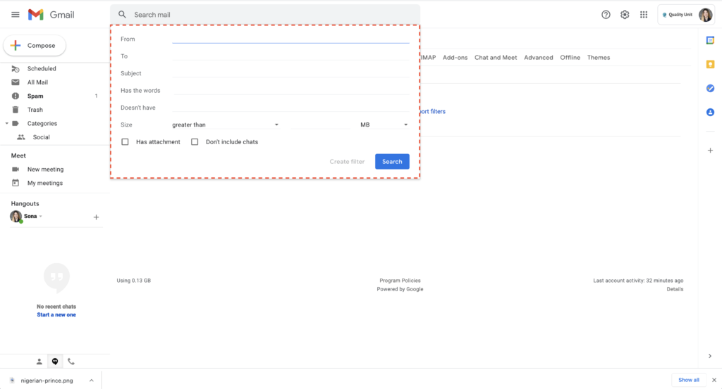 Przykład filtrowania spamu w Gmailu 2
