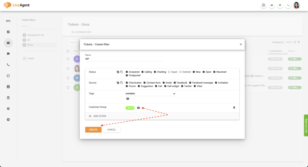 Dodaj filtr biletu VIP LiveAgent