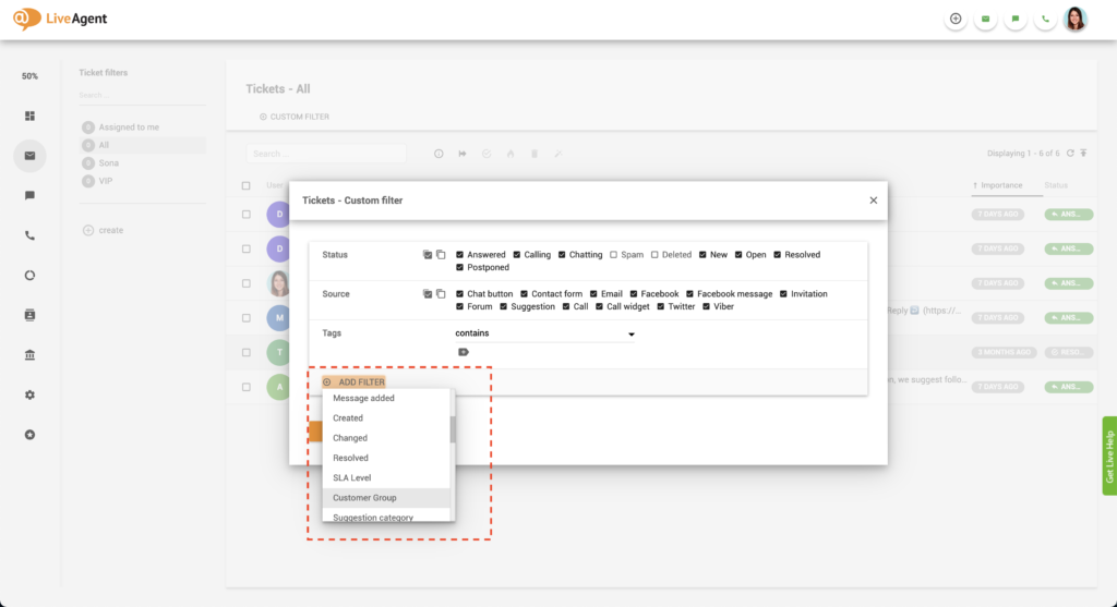 Dodaj filtr klienta LiveAgent