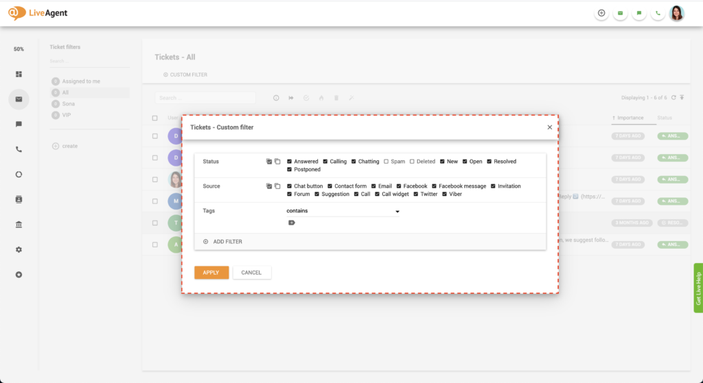 Wybieranie filtru LiveAgent