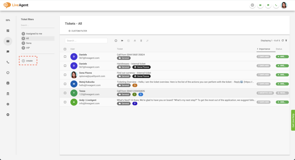 Utwórz filtr LiveAgent