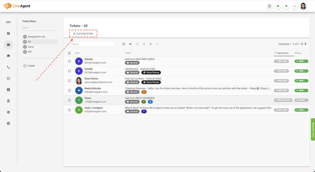 Filtr niestandardowy LiveAgent
