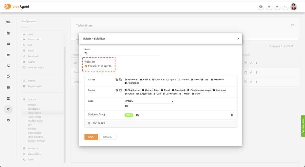 Edytuj filtr globalny LiveAgent