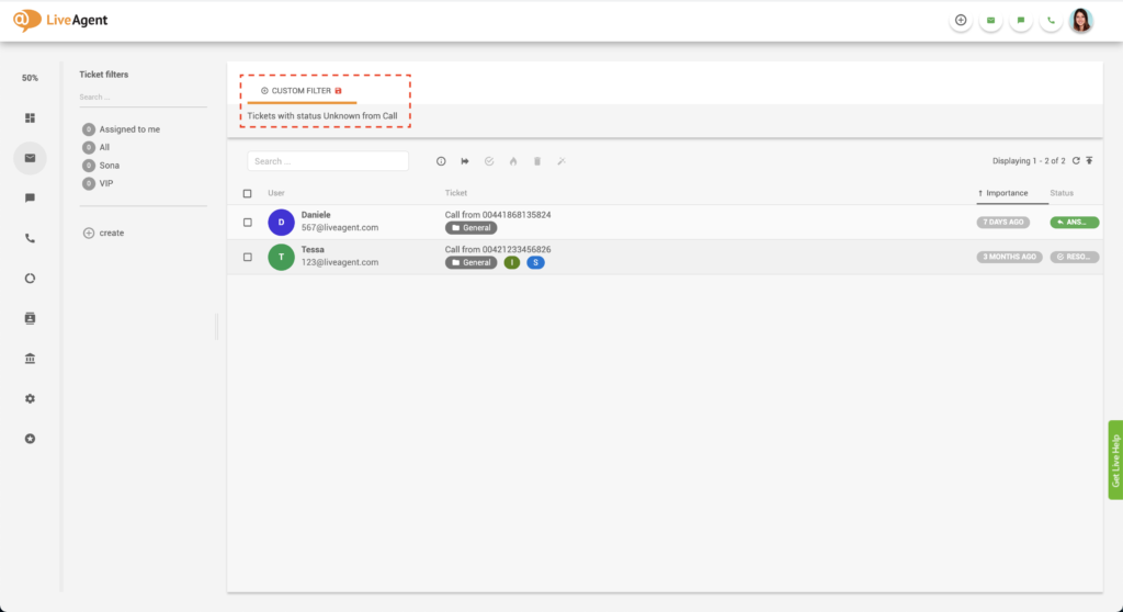 Filtrowane bilety LiveAgent