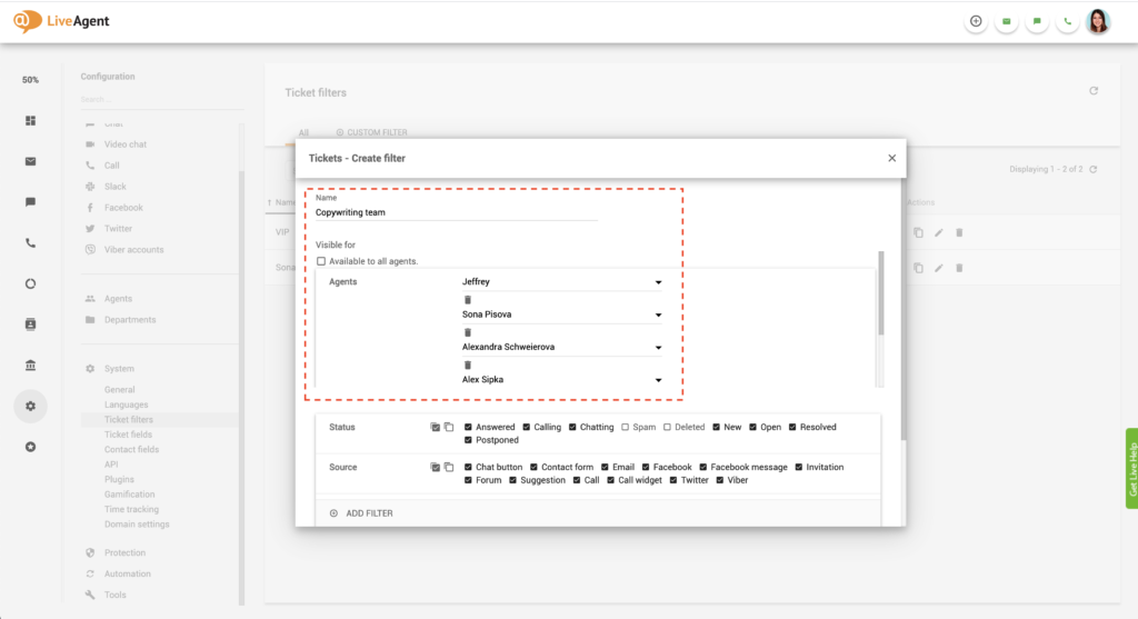 Filtr globalny LiveAgent