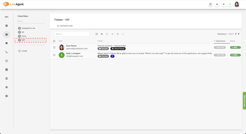 Filtr biletu VIP LiveAgent