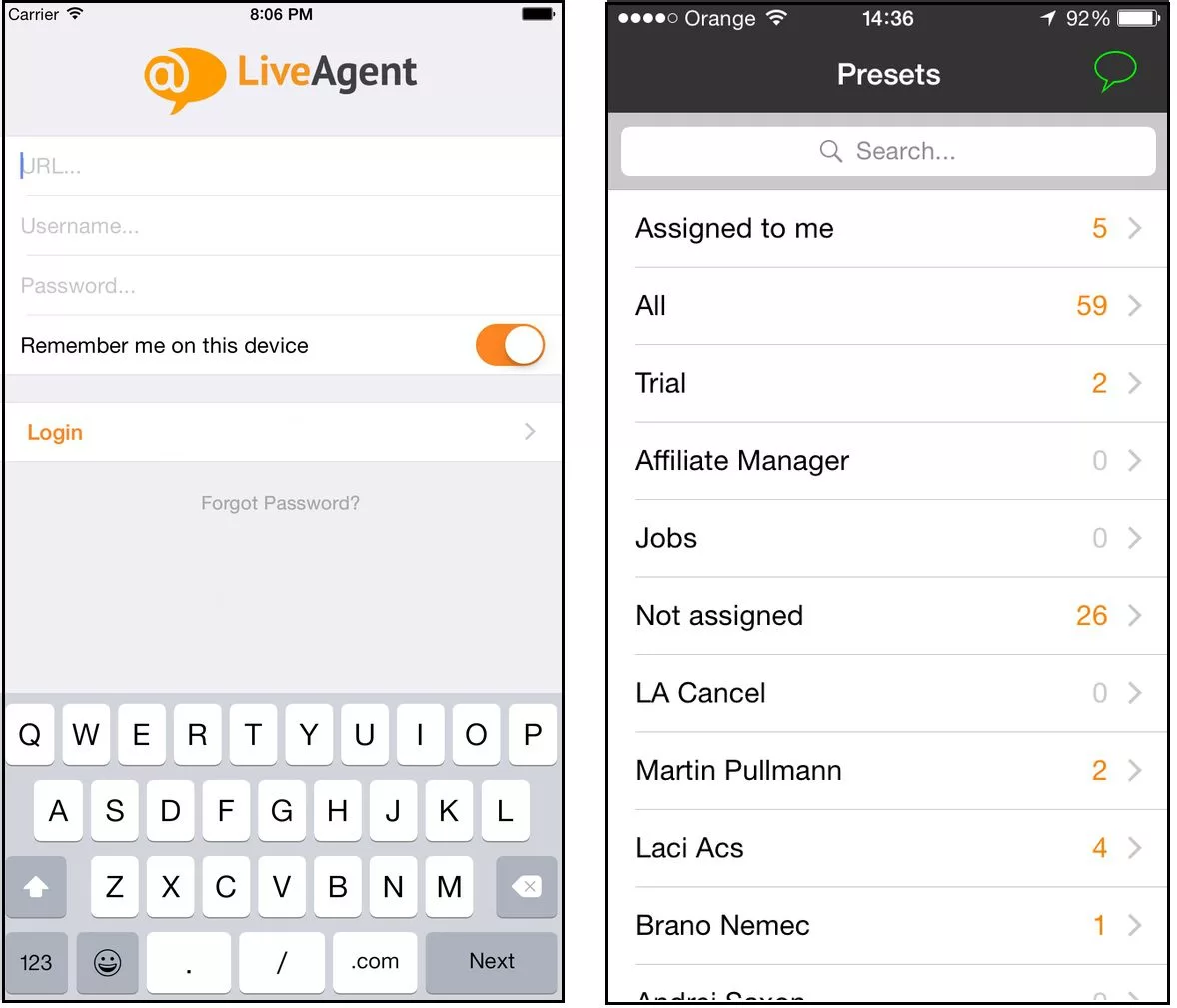 Interfejs aplikacji iOS LiveAgent