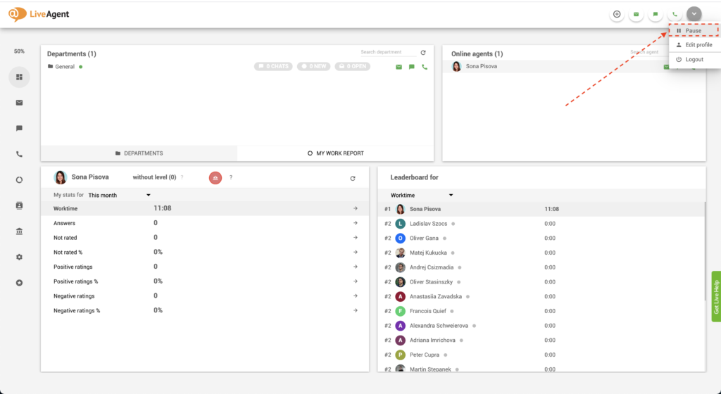LiveAgent - przycisk pauzy
