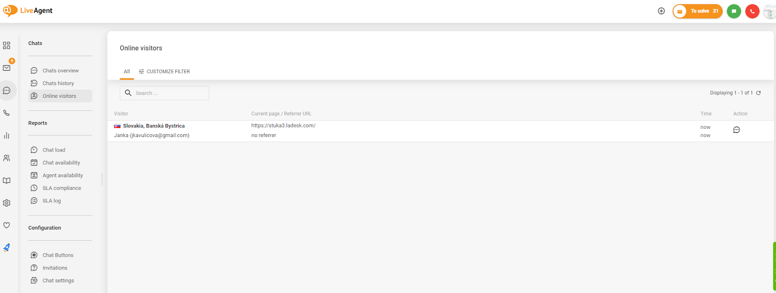 Zrzut ekranu śledzenia odwiedzających witrynę w LiveAgent