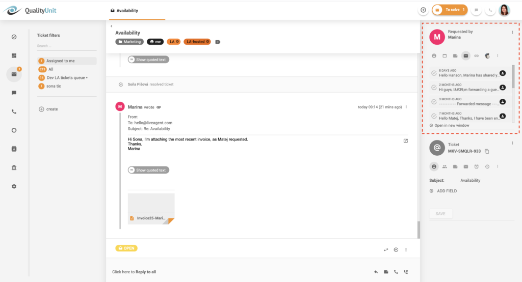 Historia komunikacji w wątkach - LiveAgent