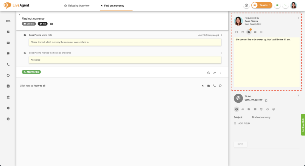 Notatki w biletach - LiveAgent