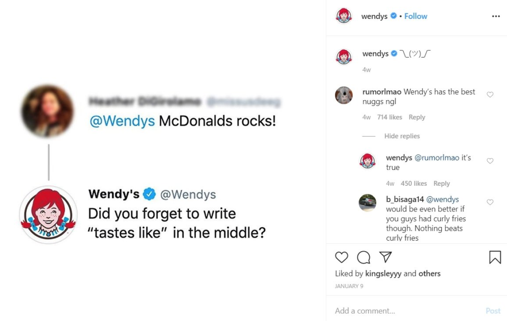 Silna obecność Wendy's na Instagramie