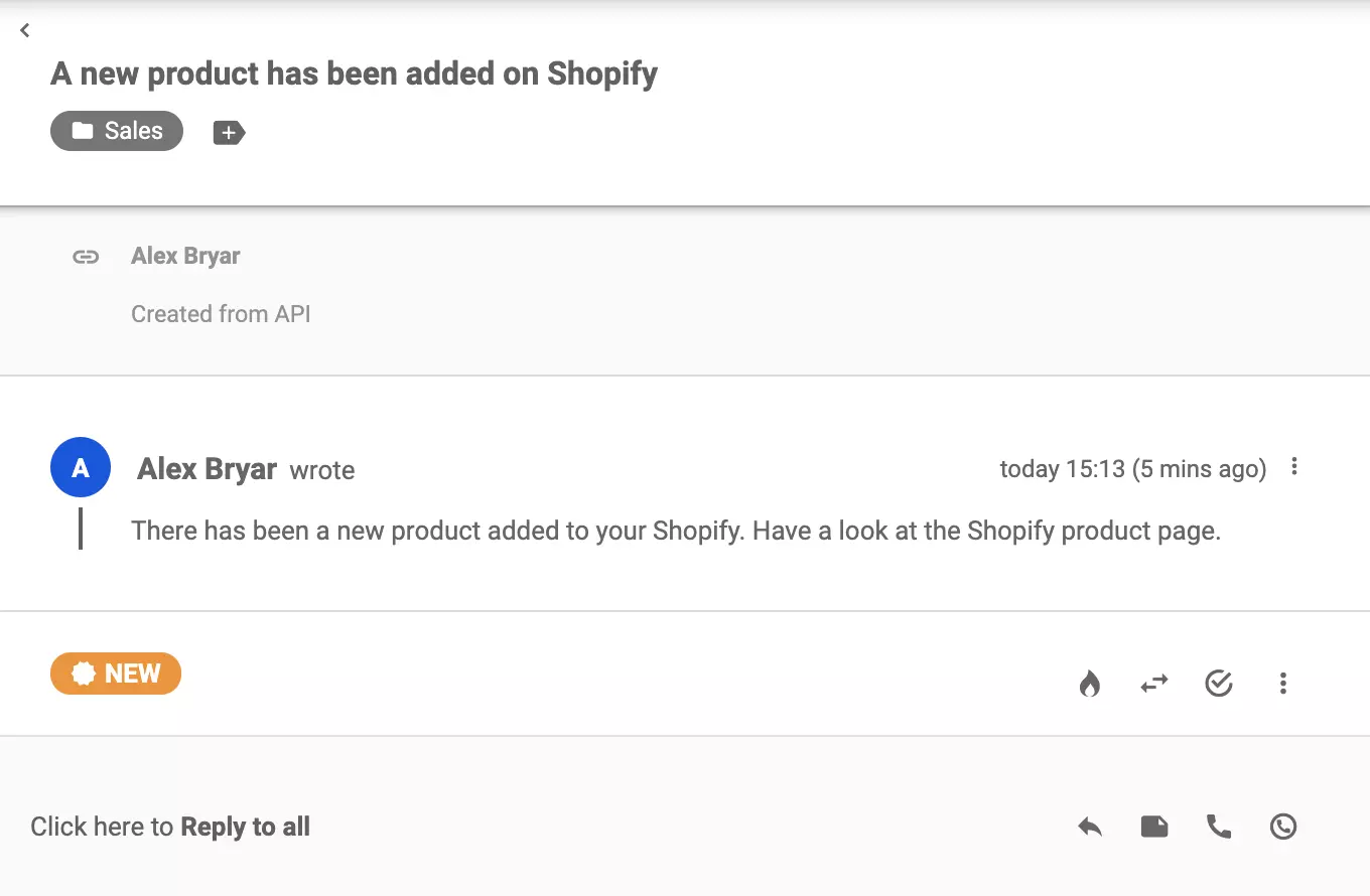 Nowe zgłoszenie wysłane z Shopify po utworzeniu produktu