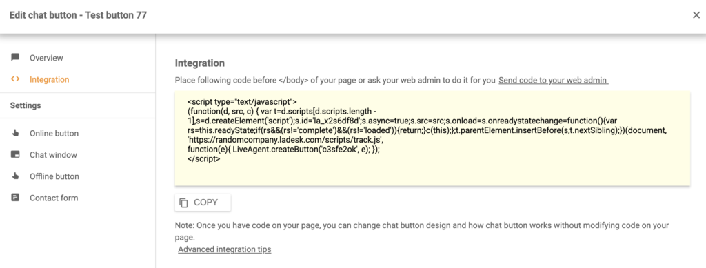 Kod integracji Shift4shop LiveAgent