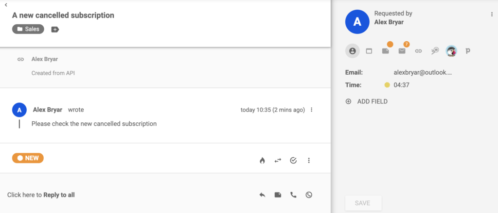 Bilet dotyczący nowej anulowanej subskrypcji