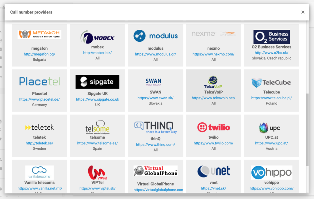 Dostawcy numerów połączeń z LiveAgent