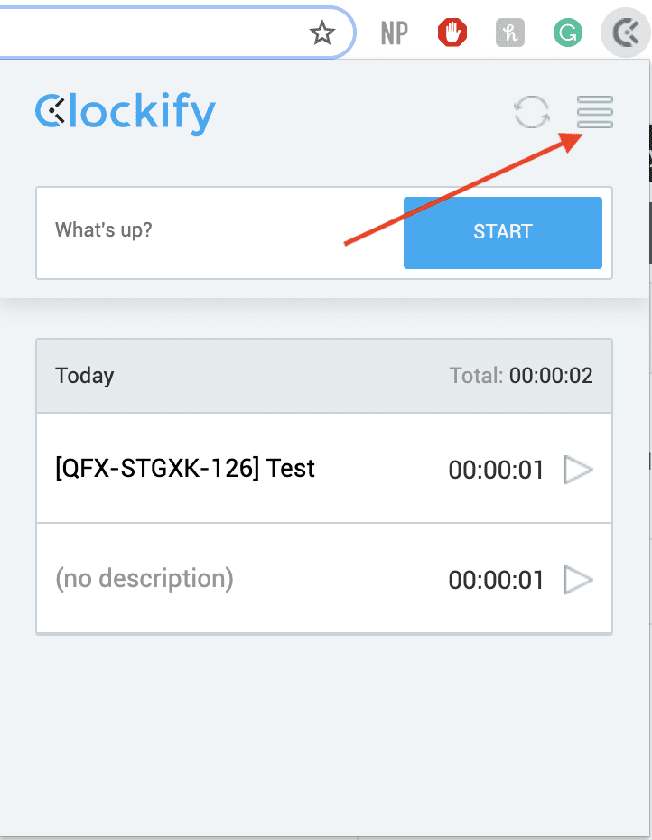 Opcje rozszerzenia Clockify