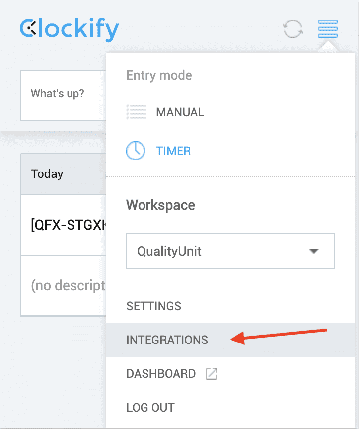 Menu integracji Clockify
