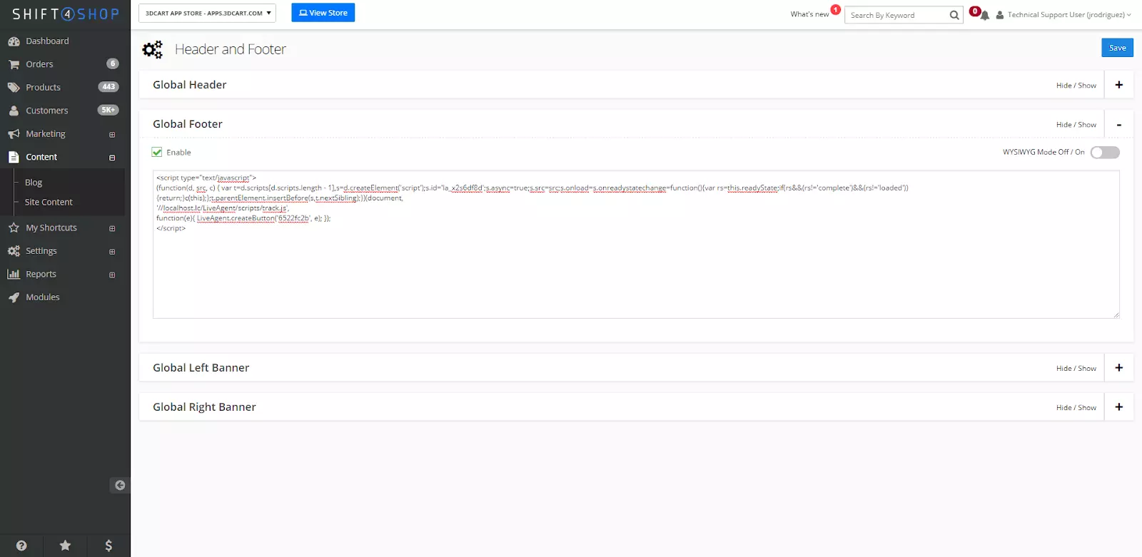 Ustawienia Shift4Shop z opcją dostosowania kodu