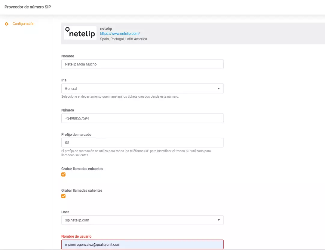 Dane uwierzytelniające integracji Netelip LiveAgent