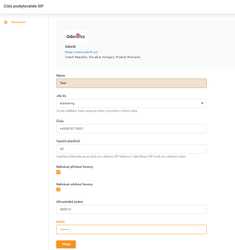 Odorik.cz credentials