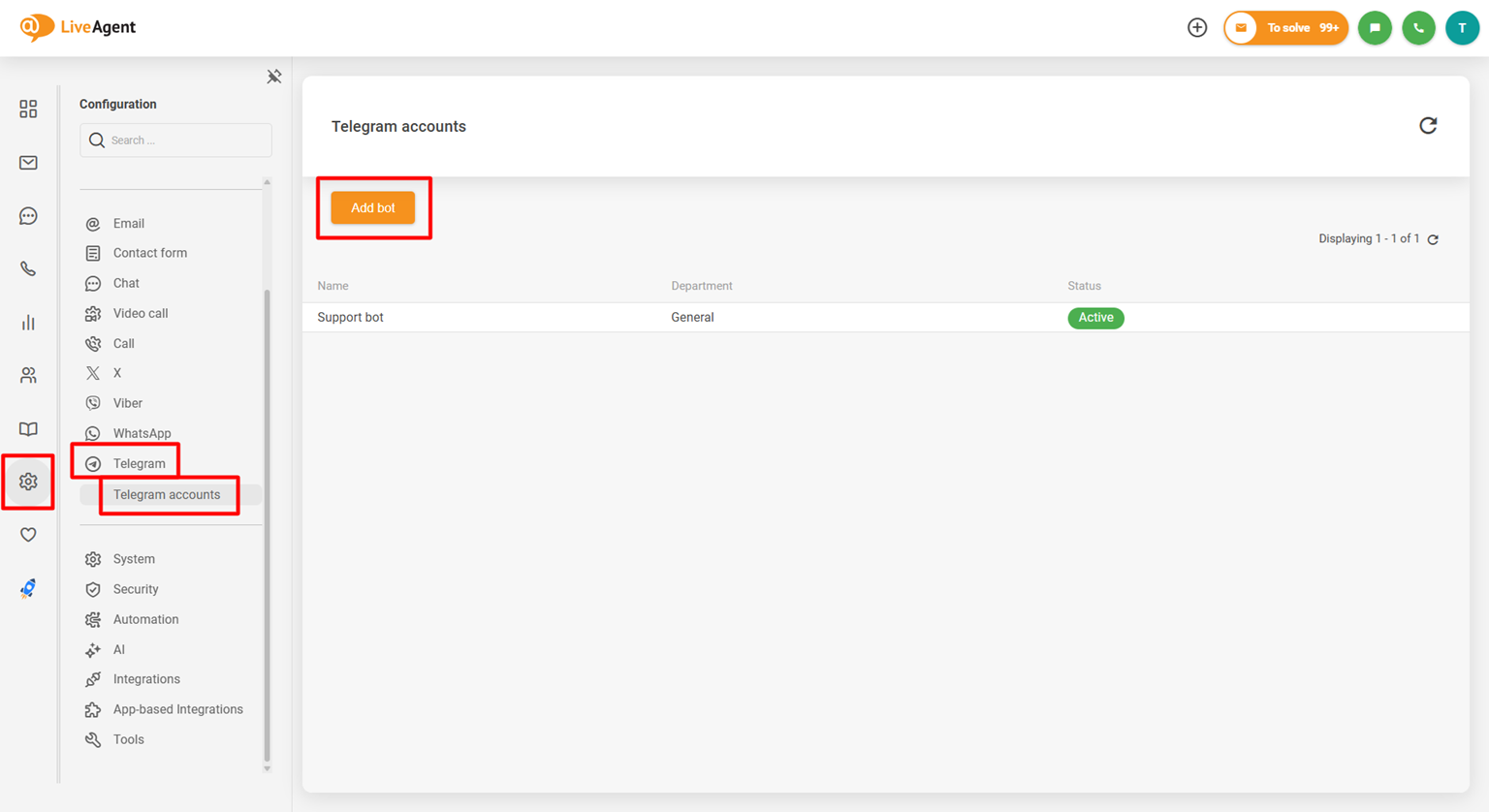 Zrzut ekranu panelu konfiguracji integracji Telegram w LiveAgent pokazujący przycisk Dodaj bota