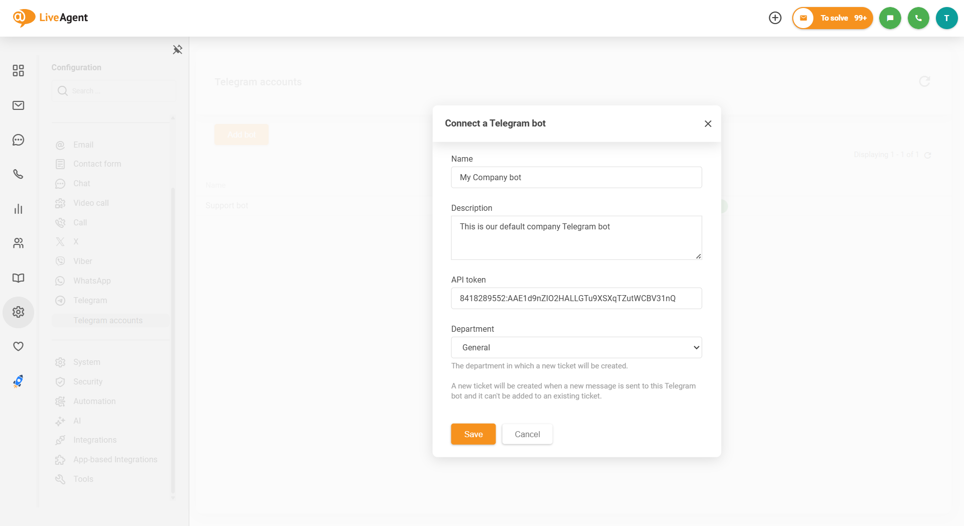Zrzut ekranu integracji Telegram w LiveAgent jak połączyć bota