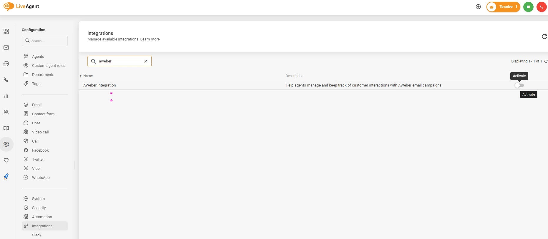 Aktywacja integracji AWeber w LiveAgent