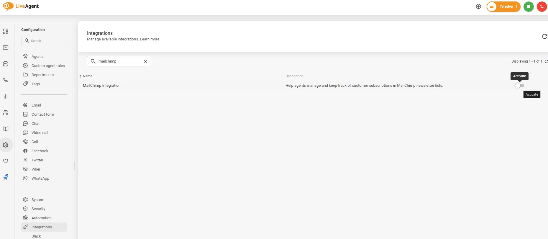 Aktywuj integrację Mailchimp w LiveAgent
