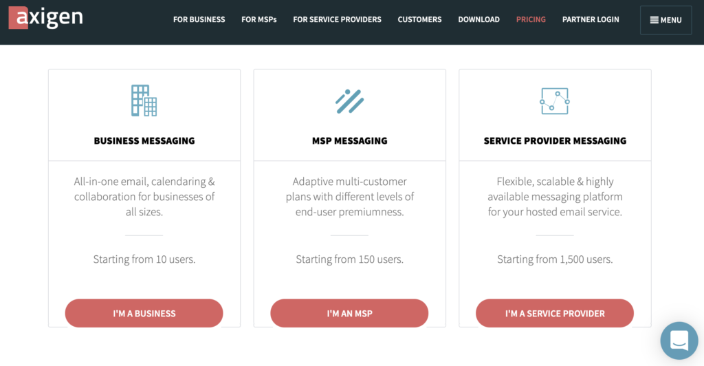 Strona internetowa Axigen z planami cenowymi