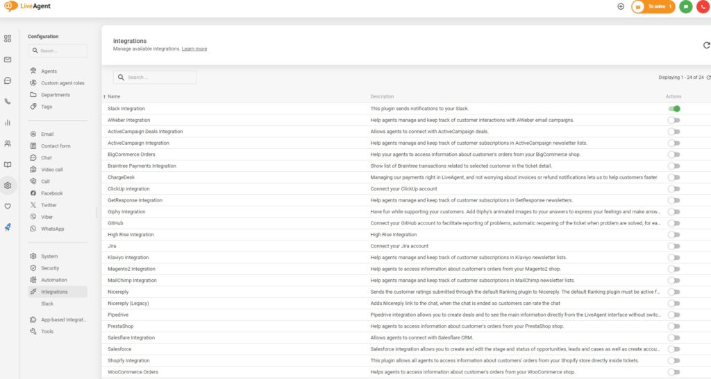 Aktywuj integracje w LiveAgent