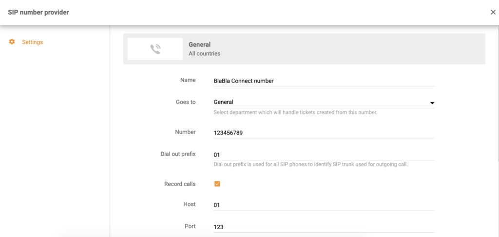 Ustawienia integracji BlaBla Connect w konfiguracji połączeń LiveAgent