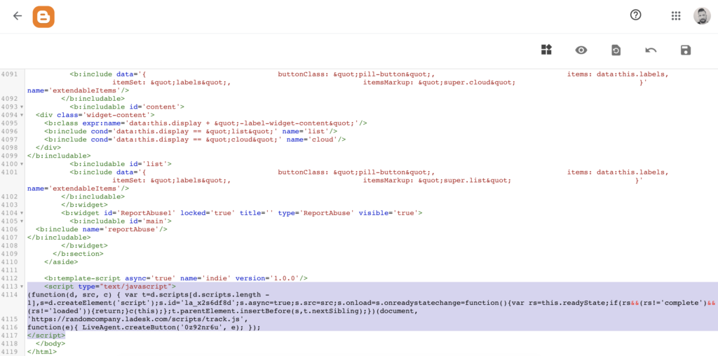 Kod Bloggera z wstawionym kodem przycisku czatu