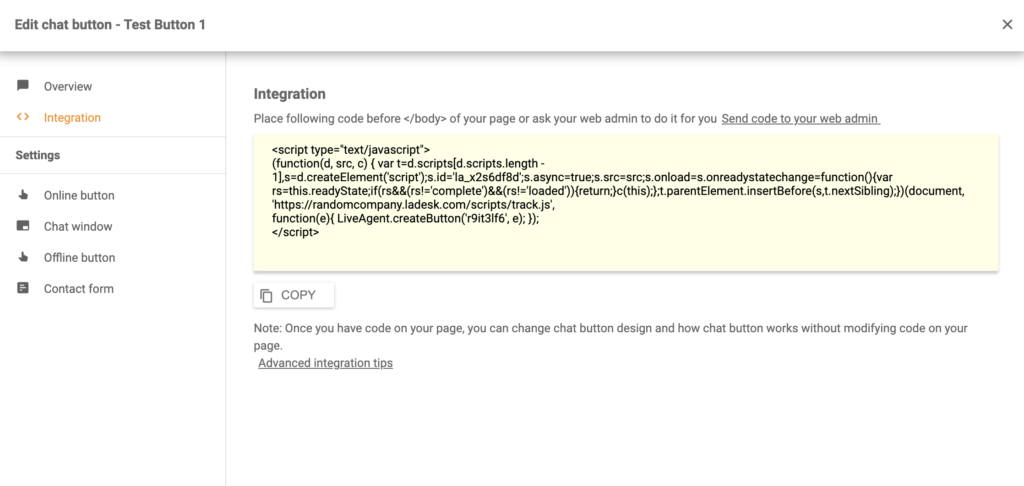 Kod przycisku czatu wygenerowany w LiveAgent