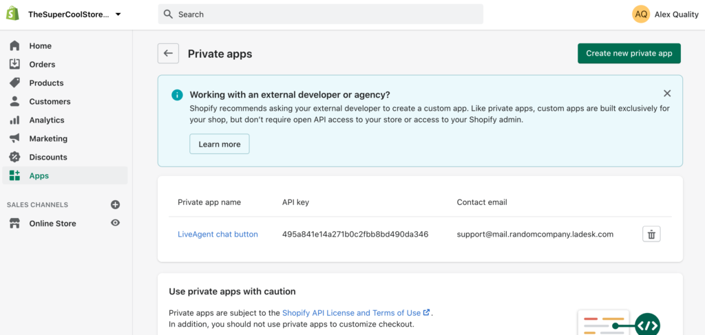 Utwórz nową aplikację prywatną w Shopify, aby utworzyć integrację z LiveAgent