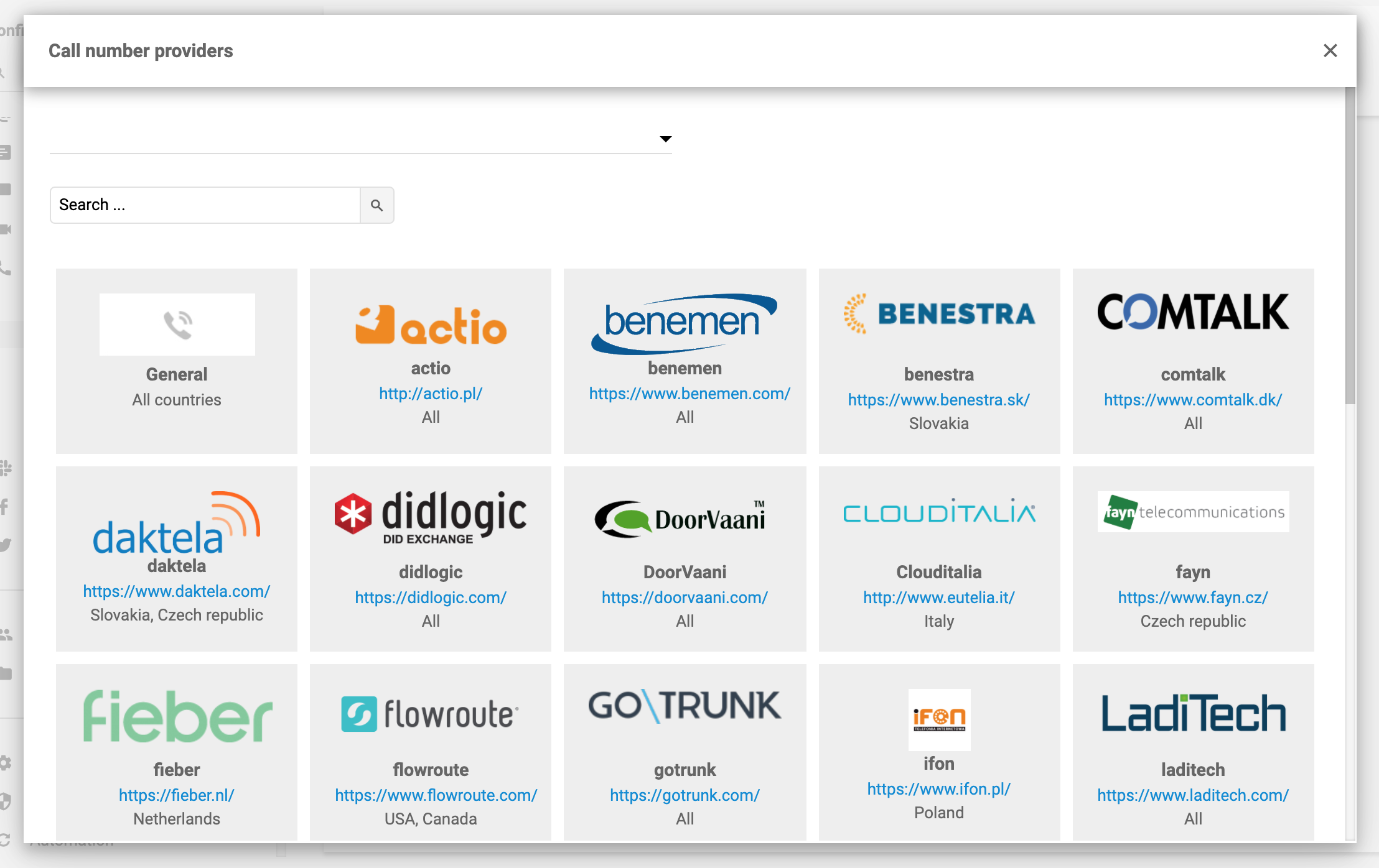 Dostawcy numerów połączeń LiveAgent