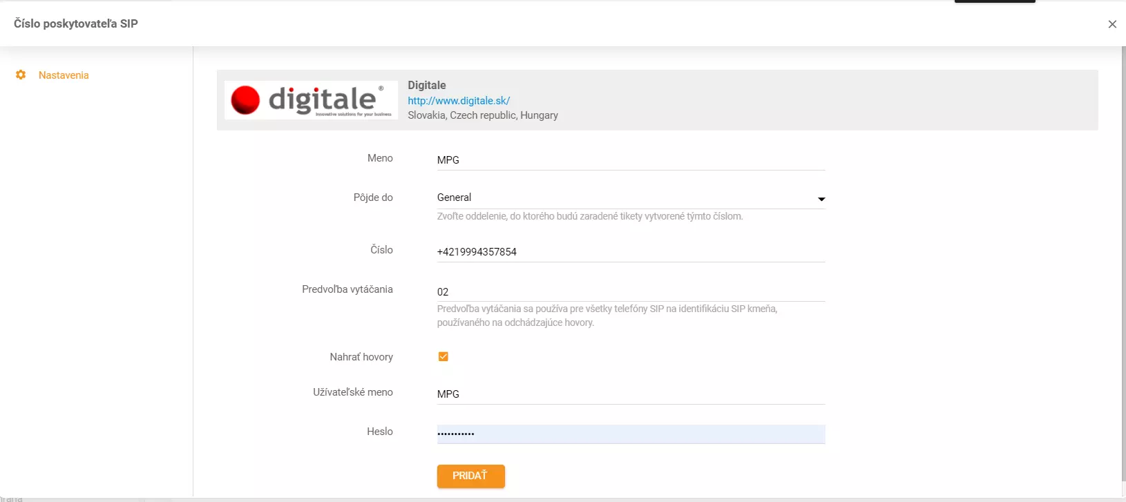 Konfiguracja danych uwierzytelniających Digitale