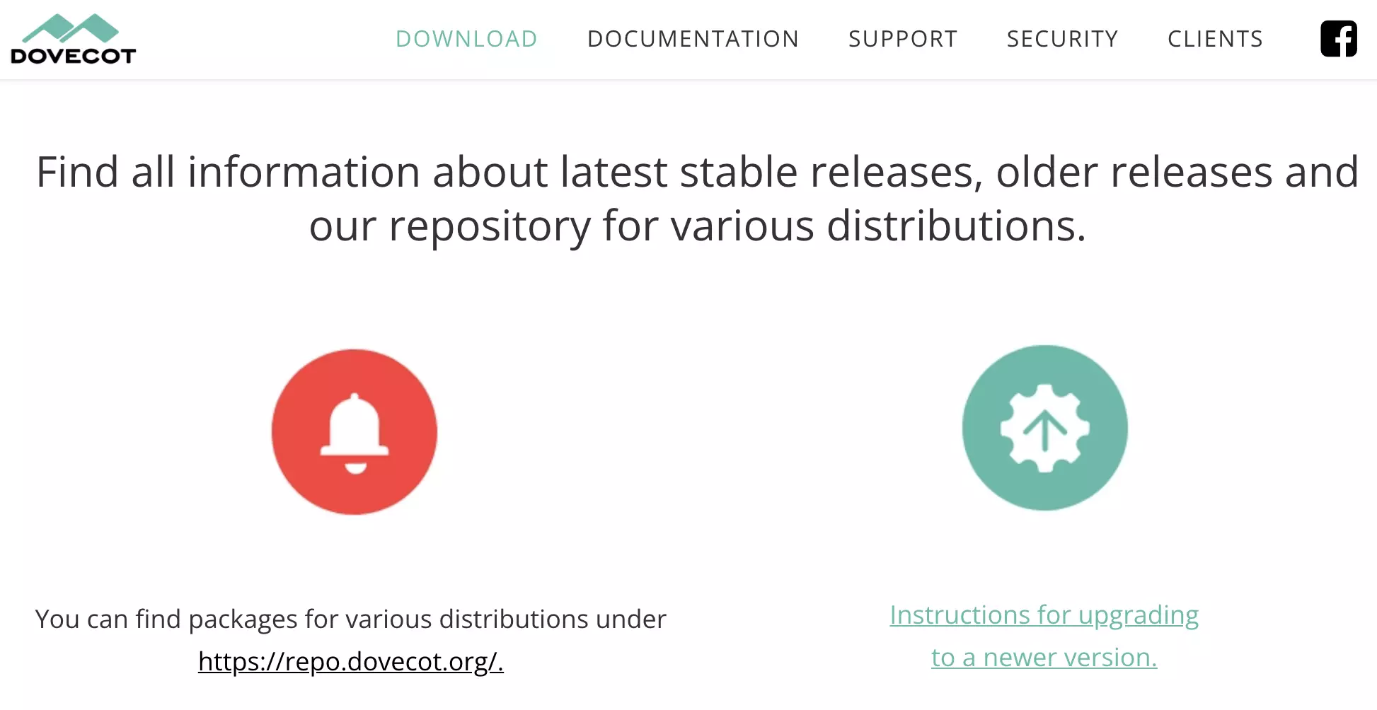 Strona Dovecot z dostępnymi pobieraniami najnowszej wersji