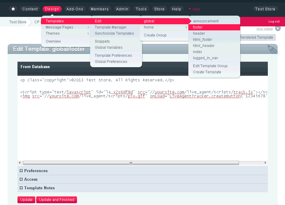 Kod witryny ExpressionEngine z kodem przycisku czatu LiveAgent