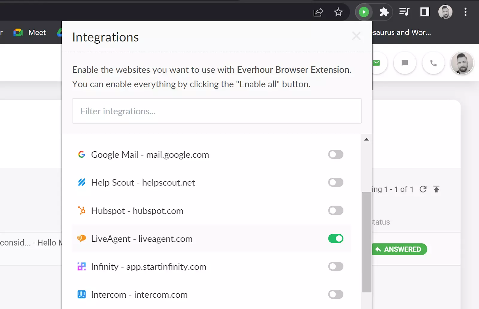 Everhour - włącz integrację LiveAgent