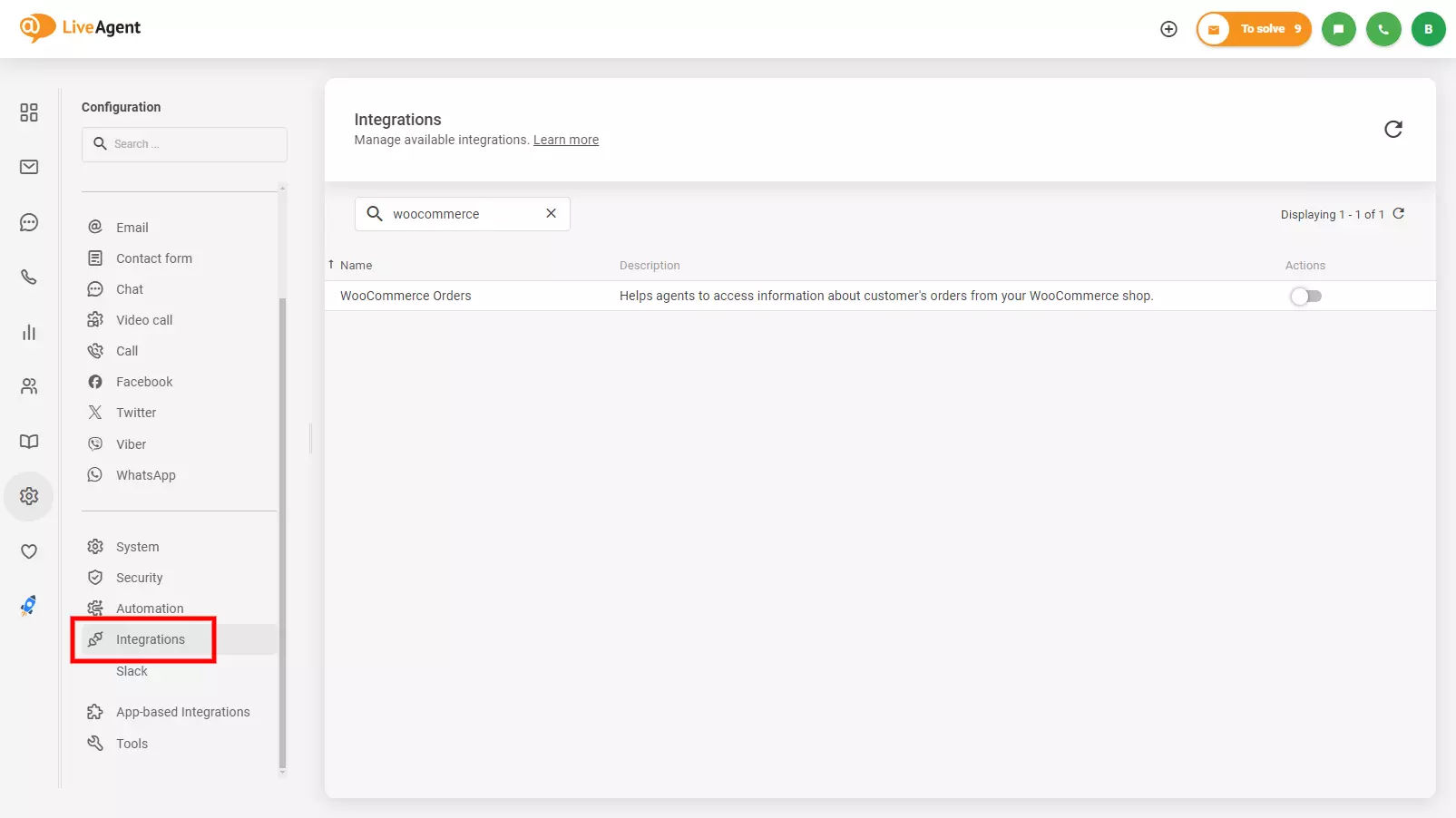 Obraz pokazujący gdzie znaleźć integrację Woocommerce w LiveAgent