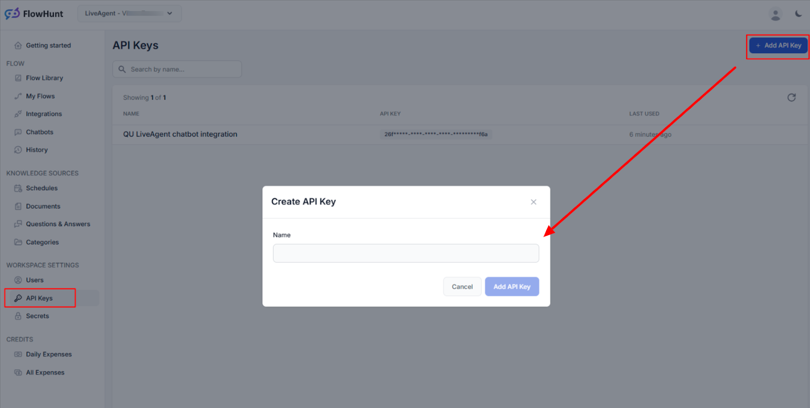 Tworzenie klucza API do integracji przestrzeni roboczej FlowHunt z LiveAgent