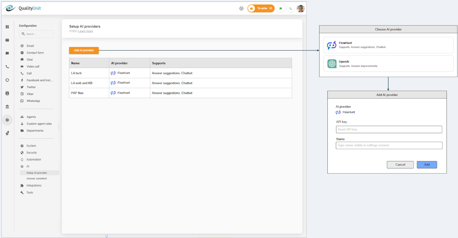 Łączenie dostawcy AI LiveAgent