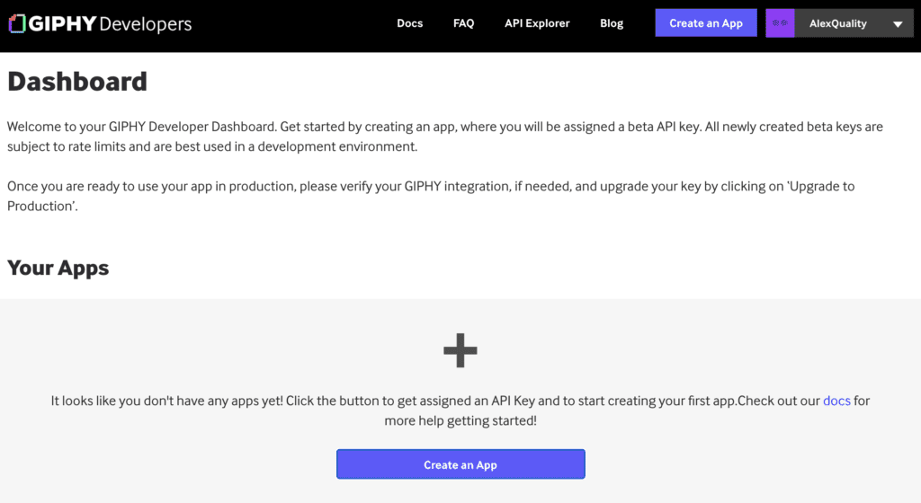 Pulpit nawigacyjny Giphy z opcją tworzenia aplikacji do wygenerowania klucza API