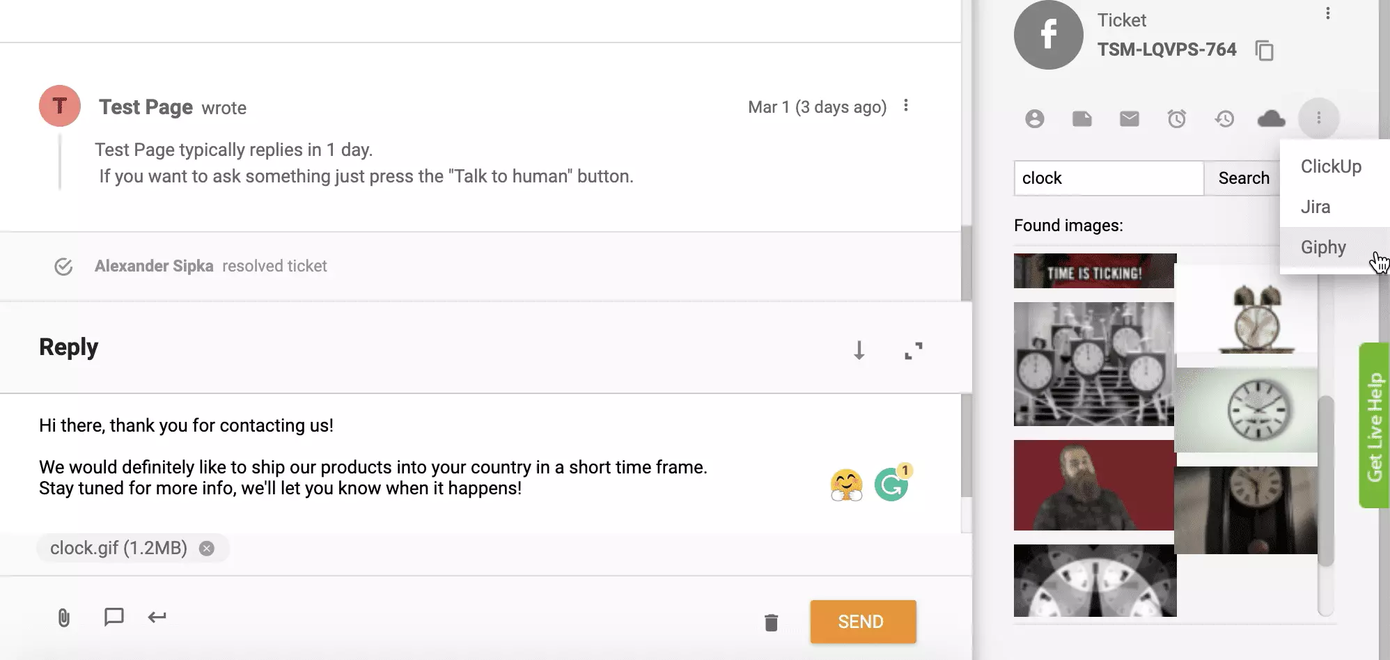 Integracja Giphy aktywowana i działająca w systemie biletów LiveAgent