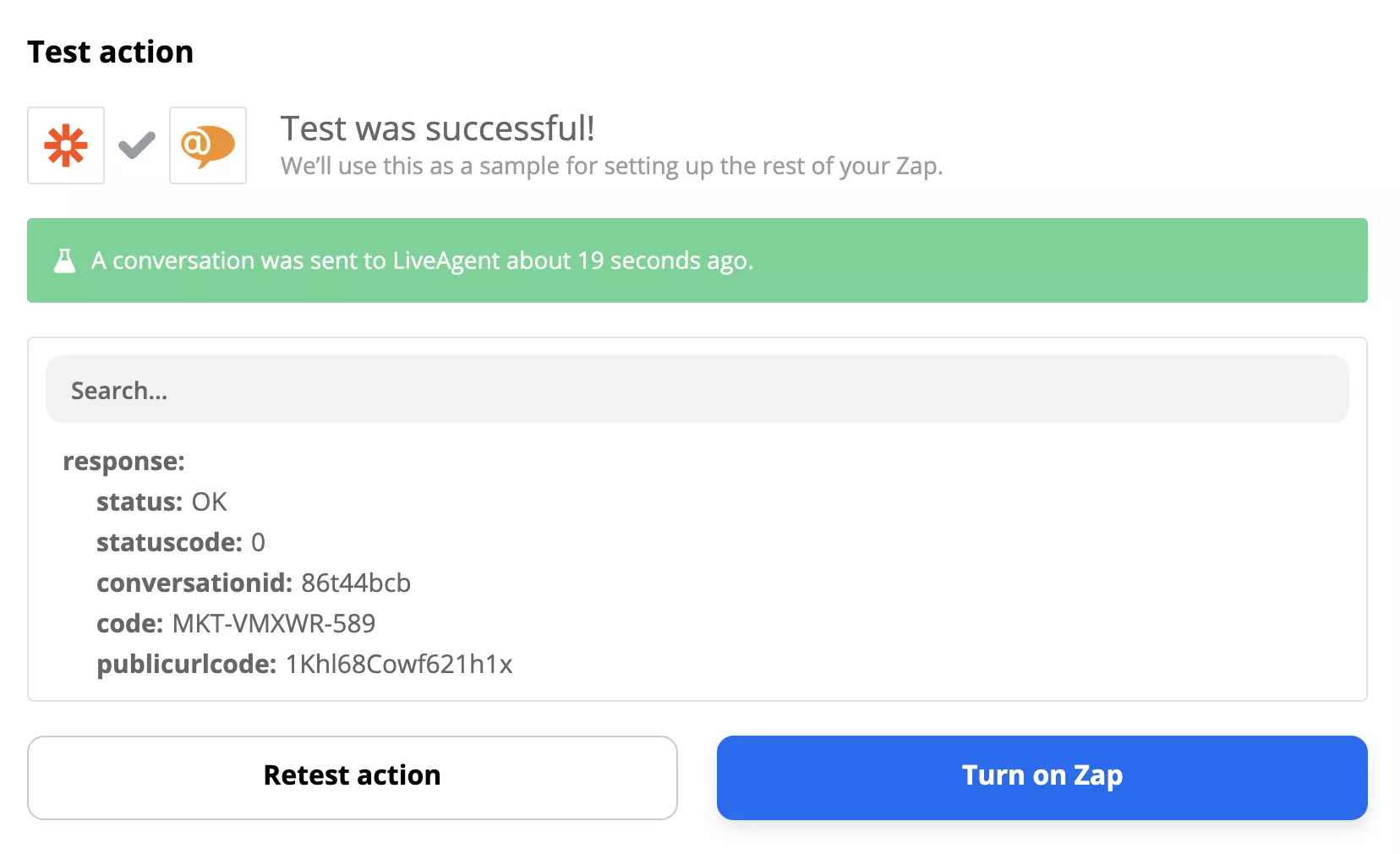 Przykład pomyślnego testu integracji LiveAgent i Gmail