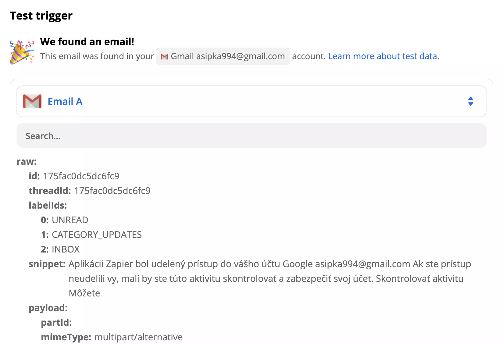 Przykład testu wyzwalacza Gmail